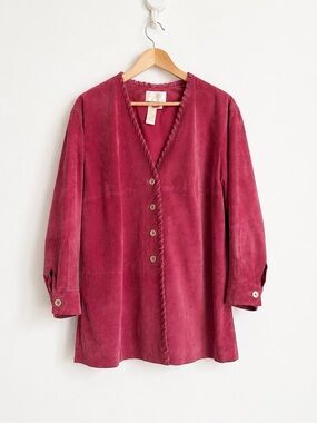 Vintage Western Raspberry Suede Leather Whipstitch Cowgirl Coat L